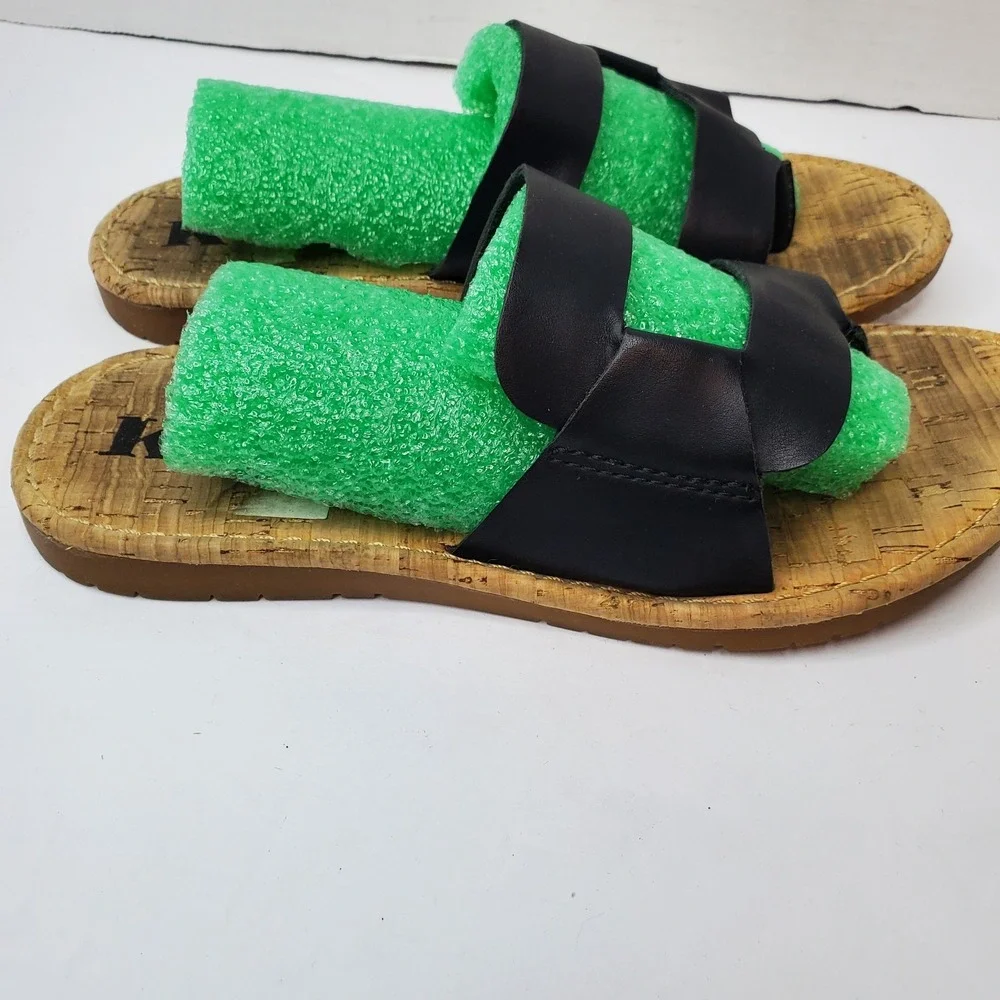 Korks Open Toe Double‎ Strap Slide Sandals Black Womens Size 6M Fast Shipping
